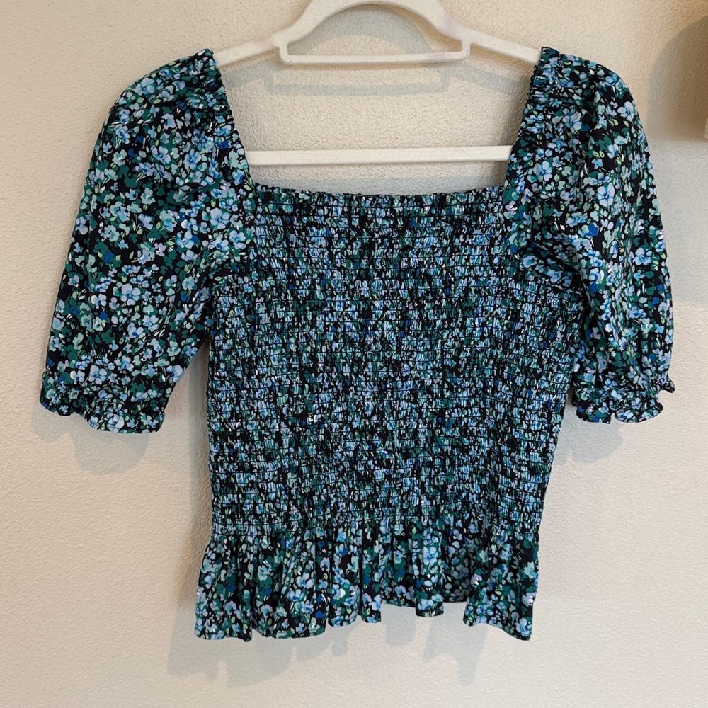 J. Crew Factory Floral Smocked Bodice Poplin Top Black Heritage Green Small - Picture 9 of 9